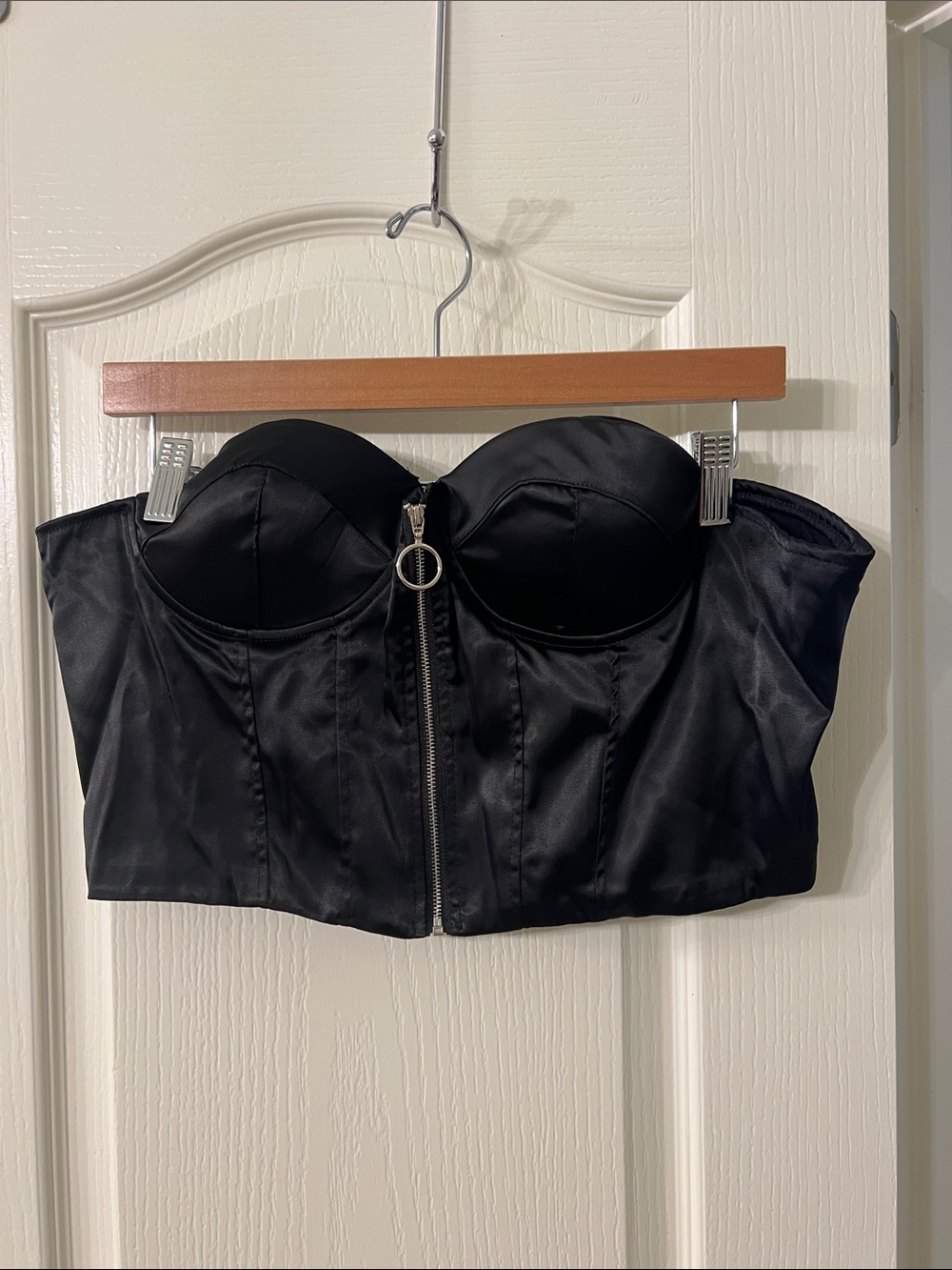 Strapless Black Satin Zipper Bustier Bodysuit